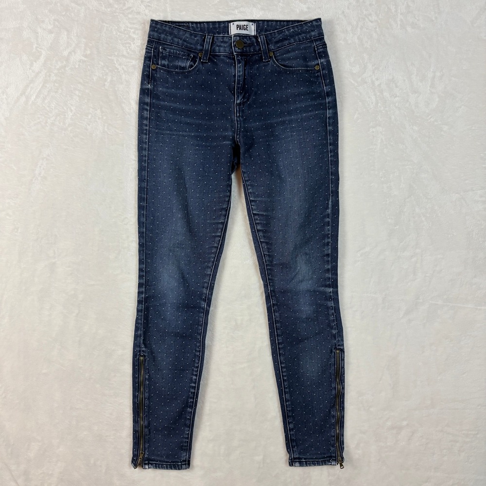 Paige Hoxton Ankle Jeans Women 26 Blue Good Polka Dot Print Zip Hem Made in USA